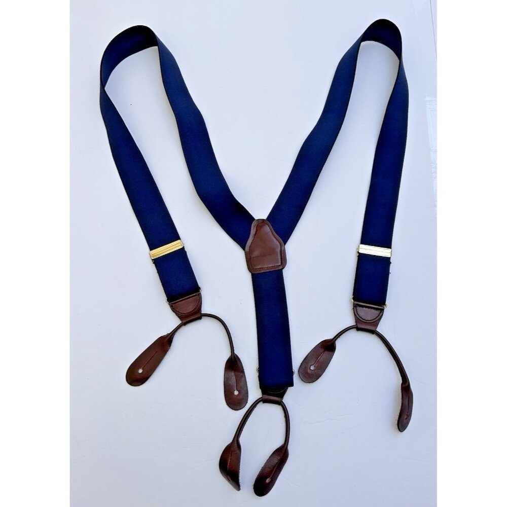 Vintage CAS W. Germany Navy Blue Brown Leather Suspenders Goldtone Stretchy